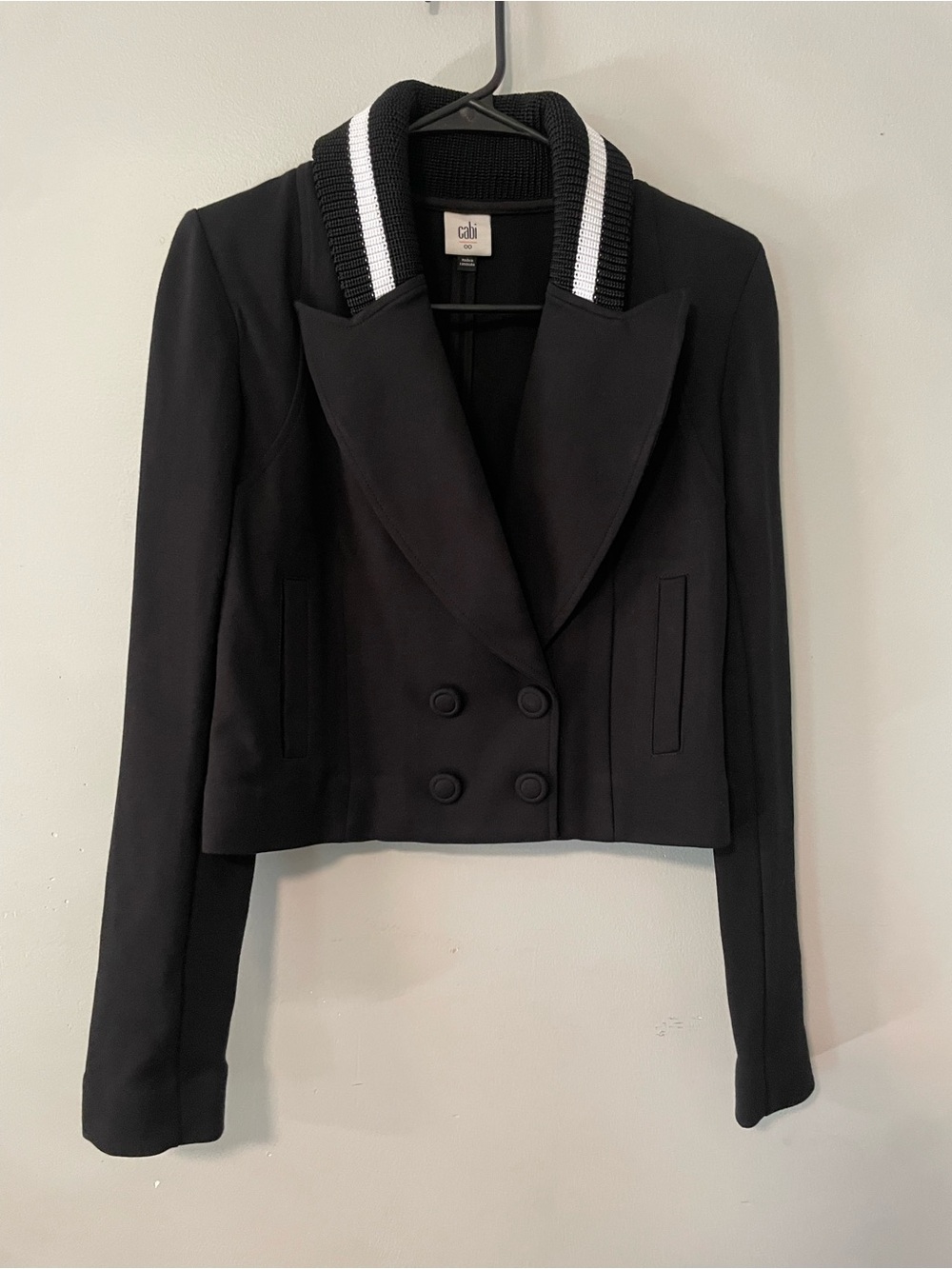CAbi Black Cropped Double-Breasted Blazer with White-Striped Rib Collar